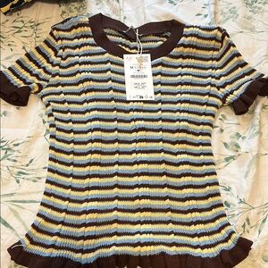 Zara Brown and Tan Ribbed Blouse with Ruffled Sleeves